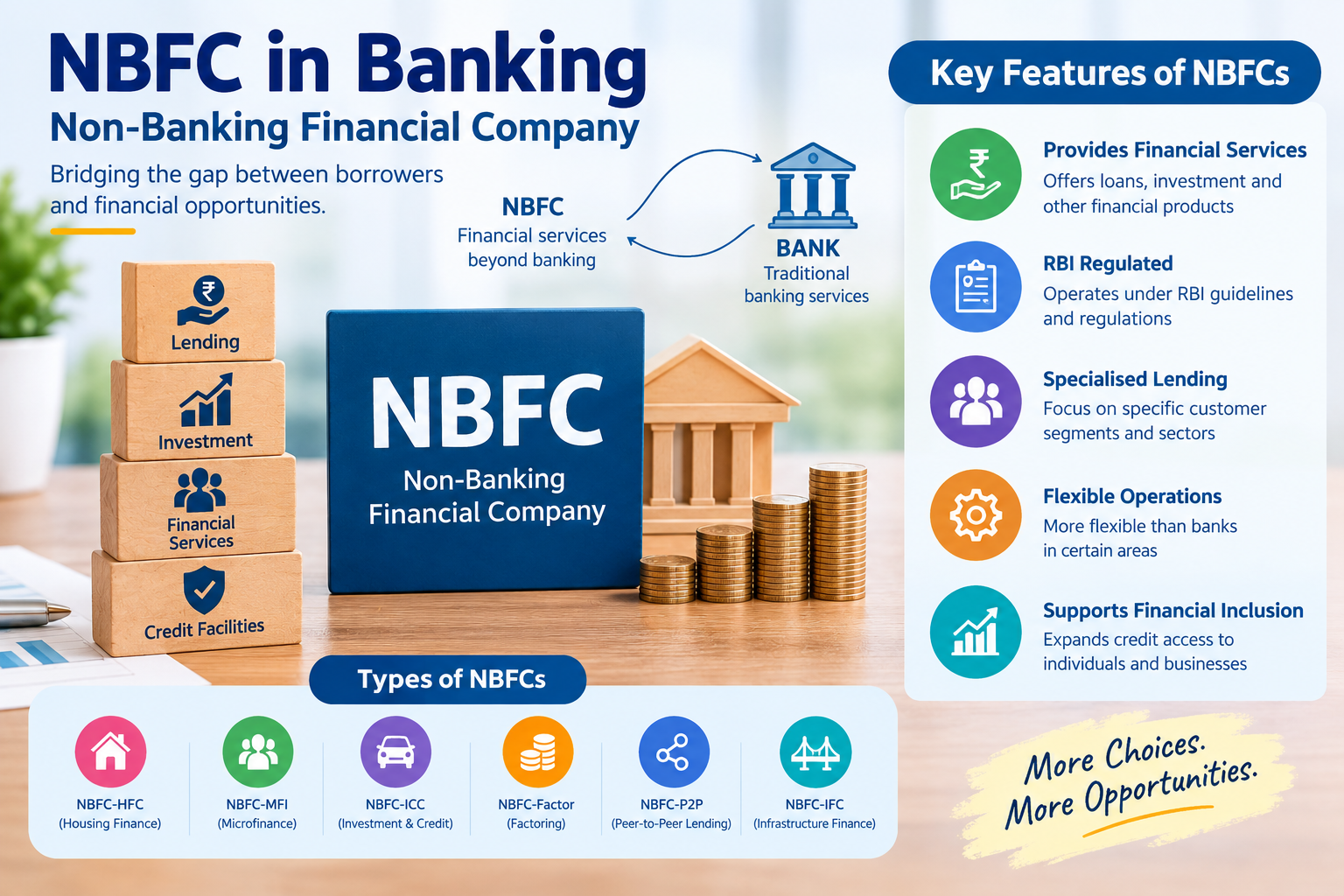 NBFC in banking infographic showing the meaning of Non-Banking Financial Company, key features such as lending, investment, RBI regulation and financial inclusion, along with types including NBFC-HFC, NBFC-MFI, NBFC-ICC, NBFC-Factor, NBFC-P2P and NBFC-IFC